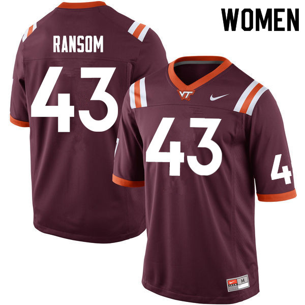 Women #43 John Ransom Virginia Tech Hokies College Football Jerseys Sale-Maroon